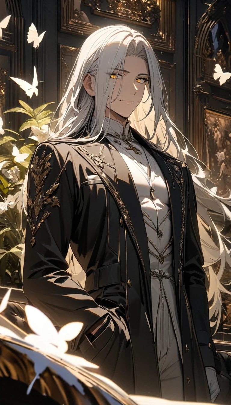 (masterpiece:1.5)，best quality，(1 Handsome man)，alone，white long length hair，(yellow eyes), (A soft smile)，elegant，perfect face，Long black trench coat，white and blue cloth，white leather gloves，white lining，Slightly muscular body，High，8K，Beautiful contrast of light and shadow，Dark luxury background，(complete upper body)，Positive face，luxury screen，(Luxurious castle hall)，Living room，book，plant，((many butterflies))，Museum，many flowers，(cross jewelry)