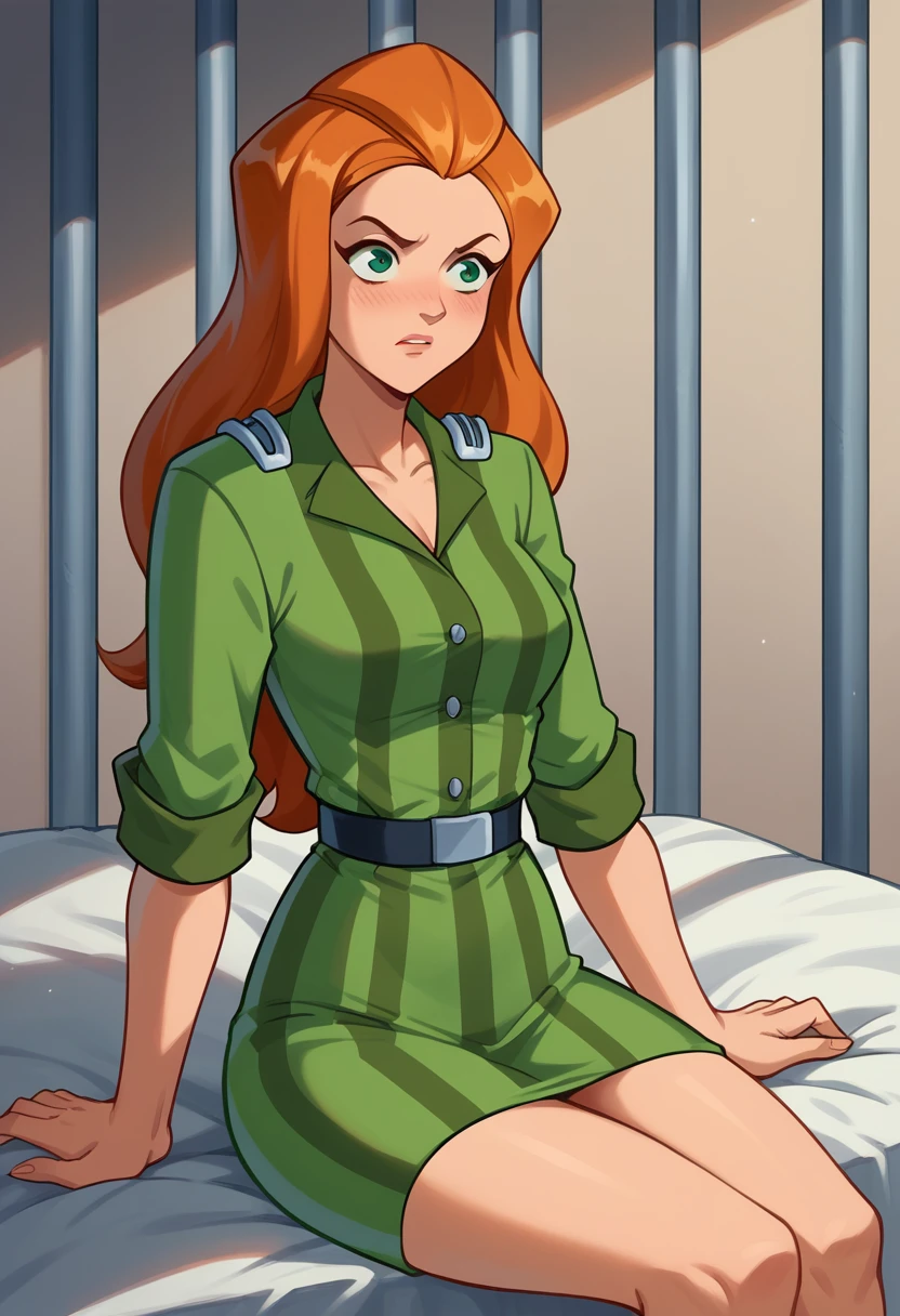 sam, totally spies, orange hair, prisoner striped uniform, inside a jail, sitting on bed