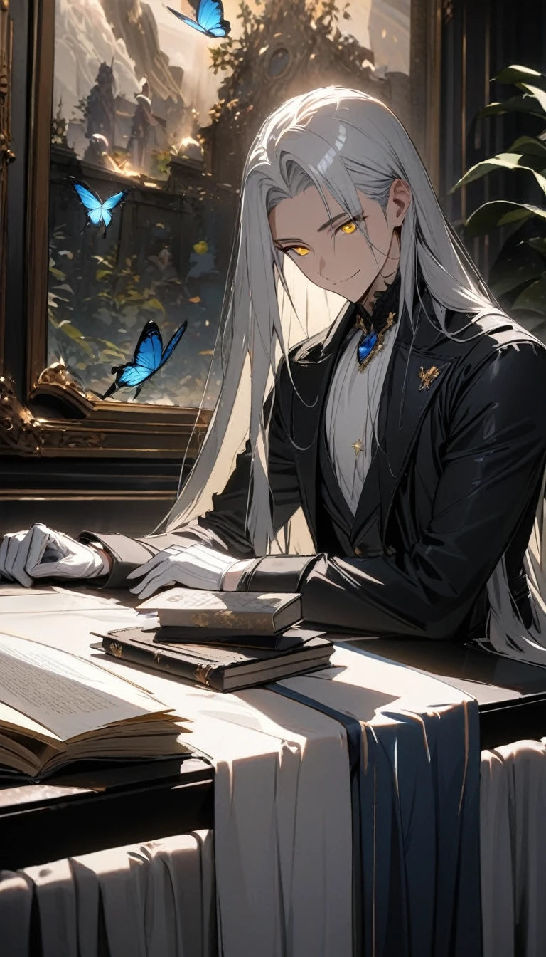 (masterpiece:1.5),best quality,(1 Handsome man),alone,white long length hair,(yellow eyes), (A soft smile),elegant,perfect face,Long black trench coat,white and blue cloth,white leather gloves,white lining,Slightly muscular body,High,8K,Beautiful contrast of light and shadow,Dark luxury background,(complete upper body),Positive face,luxury screen,(Luxurious castle hall),Living room,book,plant,((many butterflies)),Museum,many flowers,(cross jewelry)