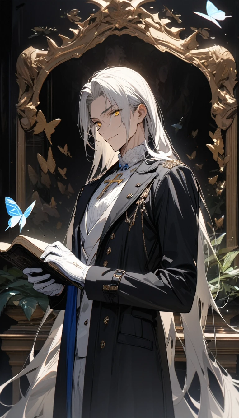 (masterpiece:1.5)，best quality，(1 Handsome man)，alone，white long length hair，(yellow eyes), (A soft smile)，elegant，perfect face，Long black trench coat，white and blue cloth，white leather gloves，white lining，Slightly muscular body，High，8K，Beautiful contrast of light and shadow，Dark luxury background，(complete upper body)，Positive face，luxury screen，(Luxurious castle hall)，Living room，book，plant，((many butterflies))，Museum，many flowers，(cross jewelry)