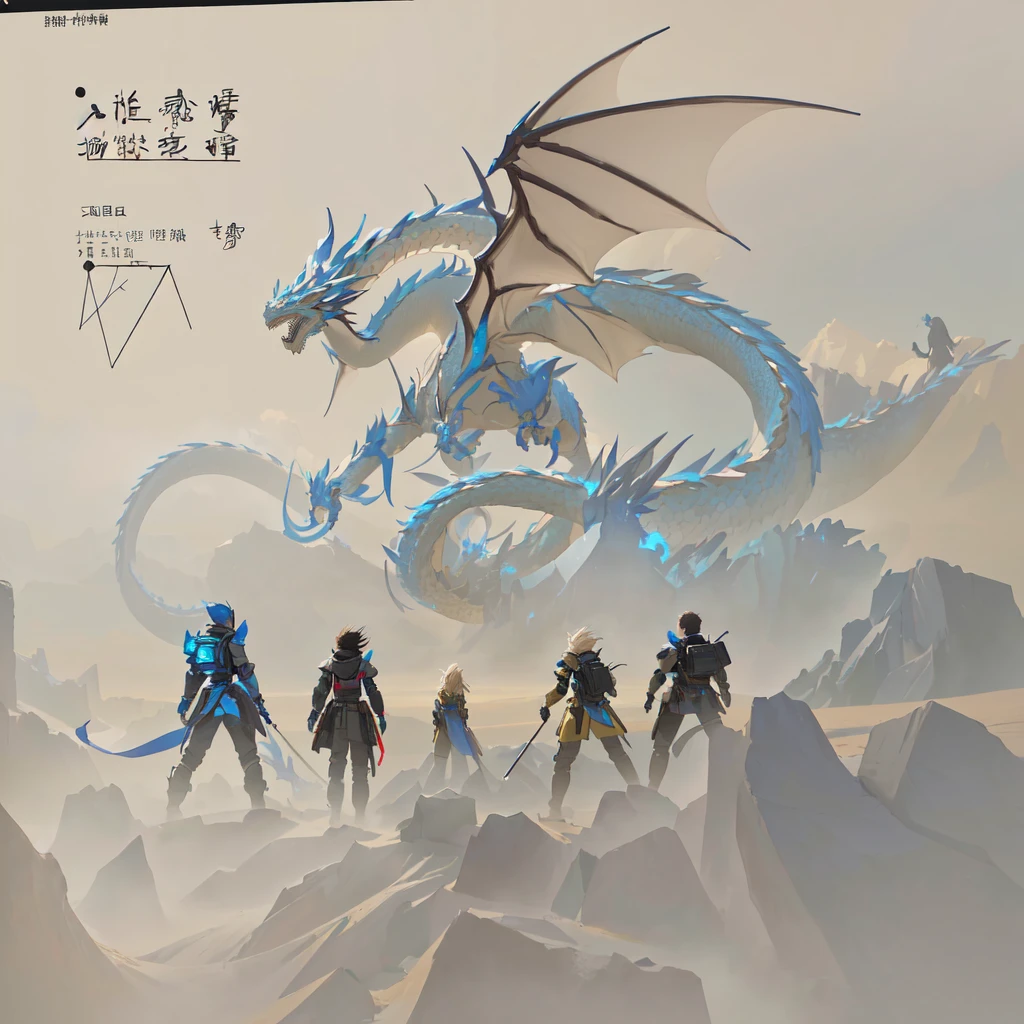  Concept Art, Huge dragon，由Mathematical Codes构成的龙，Clear texture，Blue sky and prairie，Cliff Edge，Five children fighting a dragon，Mathematical Codes，Glowing math formulas，Cyberpunk， Highly detailed, RAW photos, Professional photography