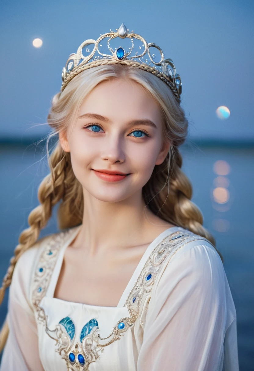 A girl came out of the sea, The Swan Princess in Russian Mythology, Beautiful and calm face, blue eyes, Long blonde hair braided, The moon is woven into the hair at the back of the head, White ancient shiny clothes, On his head wears the Kokoshnik crown, Affectionate gaze, Smile, A gentle expression on his face, Background seascape and sunlight, Seagulls in the sky, full length, Photorealism