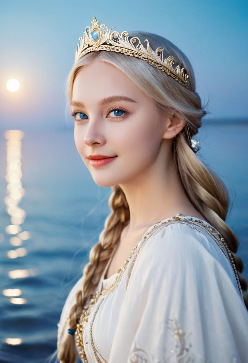 A girl came out of the sea, The Swan Princess in Russian Mythology, Beautiful and calm face, blue eyes, Long blonde hair braided, The moon is woven into the hair at the back of the head, White ancient shiny clothes, On his head wears the Kokoshnik crown, Affectionate gaze, Smile, A gentle expression on his face, Background seascape and sunlight, Seagulls in the sky, full length,  Photorealism