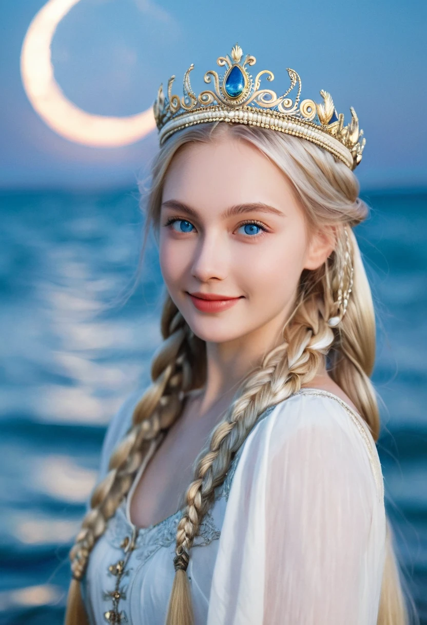 A girl came out of the sea, The Swan Princess in Russian Mythology, Beautiful and calm face, blue eyes, Long blonde hair braided, The moon is woven into the hair at the back of the head, White ancient shiny clothes, On his head wears the Kokoshnik crown, Affectionate gaze, Smile, A gentle expression on his face, Background seascape and sunlight, Seagulls in the sky, full length,  Photorealism