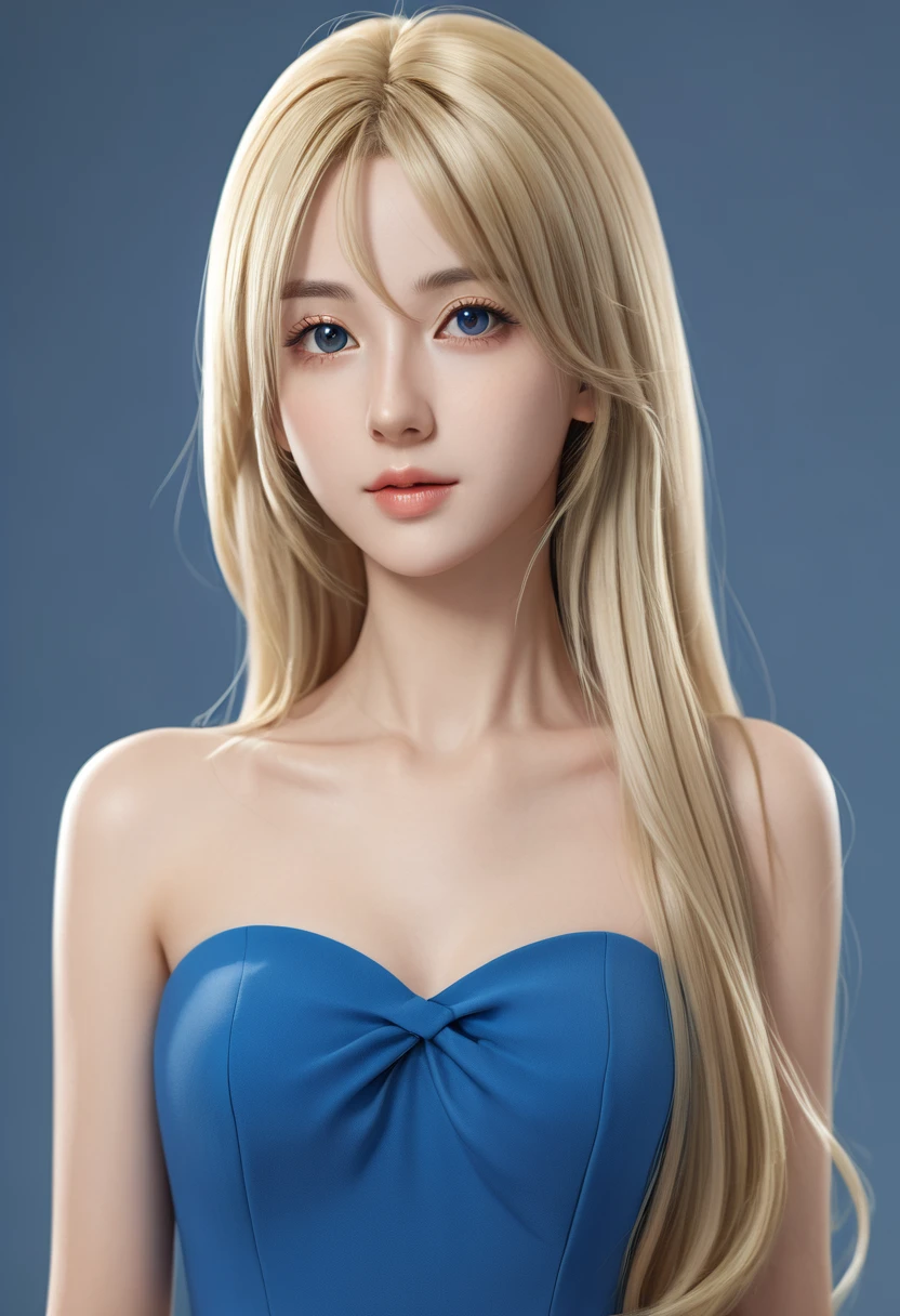 Blonde woman with long hair and blue dress posing for photo, Realistic anime art style, Realistic anime girl rendering, Smooth anime CG art, Anime realism style, realistic art style, Realistic young anime girl, Gorgeous numbers, Realistic anime 3D style, Beautiful anime portrait, realistic anime artstyle, Close-up portrait, 3D animation realistic, Anime style portrait