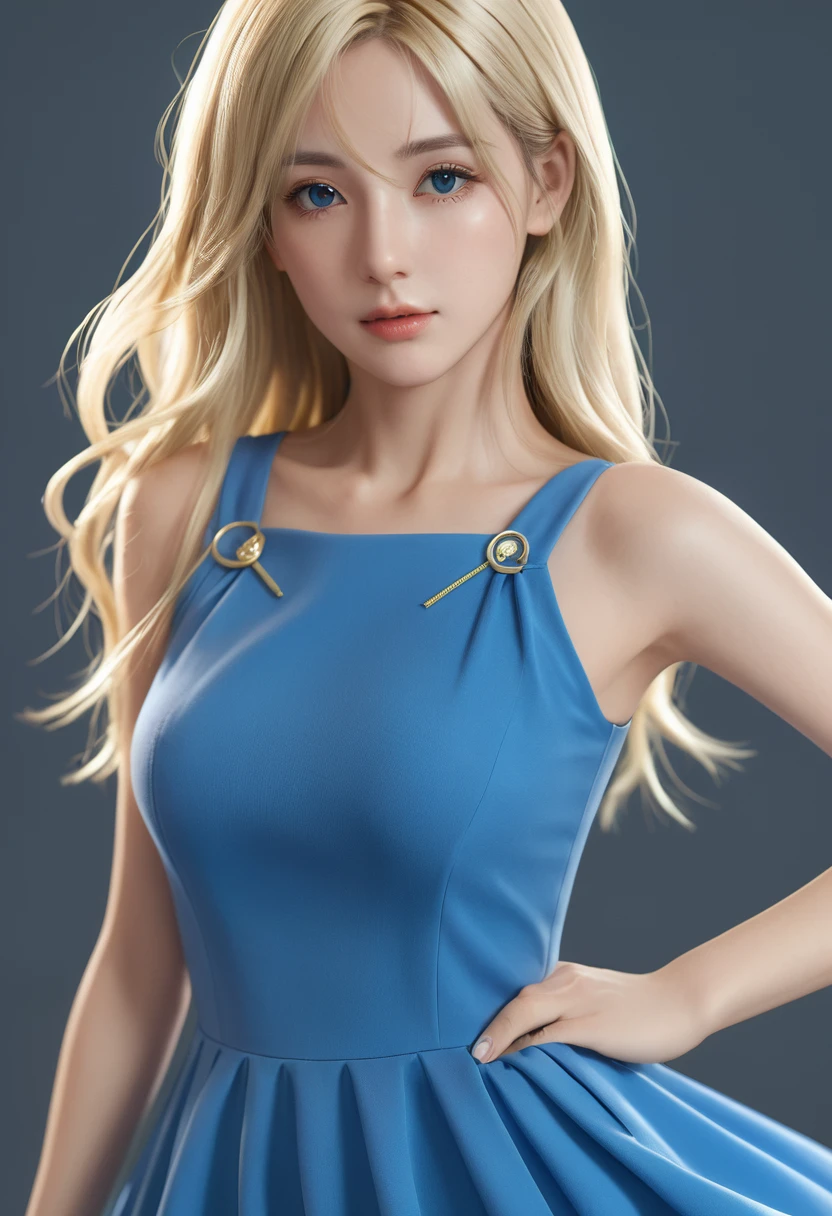 Blonde woman with long hair and blue dress posing for photo, Realistic anime art style, Realistic anime girl rendering, Smooth anime CG art, Anime realism style, realistic art style, Realistic young anime girl, Gorgeous numbers, Realistic anime 3D style, Beautiful anime portrait, realistic anime artstyle, Close-up portrait, 3D animation realistic, Anime style portrait