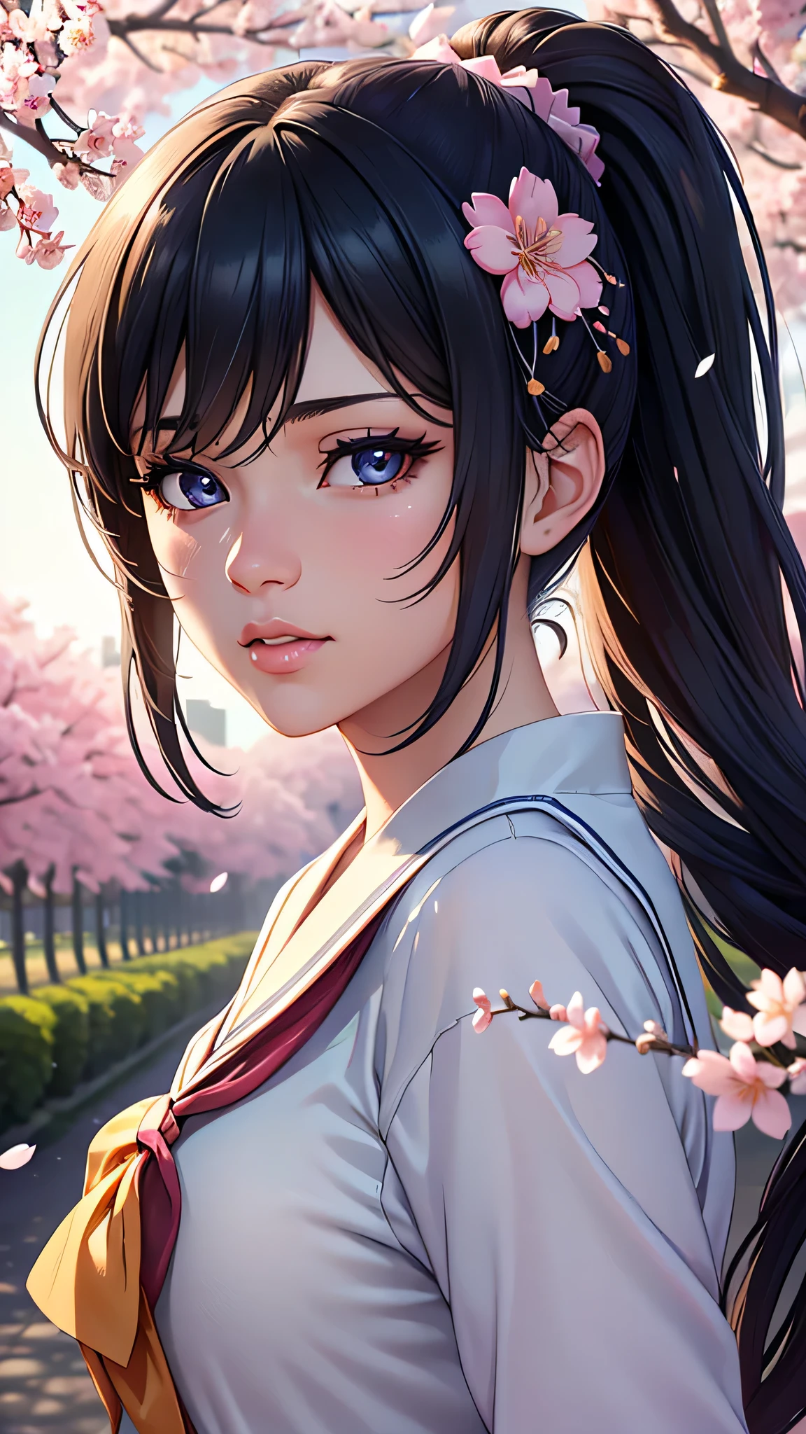 A high school girl in a Japanese , blouse with sailor collar, pleated skirt, hair in lively ponytail or flowing strands, riding a sleek and modern bike, cherry blossom trees lining the scenic path in the background, detailed gears and frame, vibrant and energetic, (best quality,4k,8k,highres,masterpiece:1.2),ultra-detailed,(realistic,photorealistic,photo-realistic:1.37),beautiful detailed eyes,beautiful detailed lips,extremely detailed eyes and face,longeyelashes,digital art,vibrant colors,dynamic composition,warm lighting,soft focus