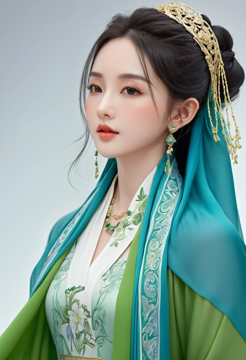 Wearing a blue dress、Woman wearing a long green scarf, Beautiful character painting, Beautiful fantasy queen, author:Yang J, style of Atjem, Atjem and ruan jia, extremely detailed Atjem, trending Atjem, Atjem. Anime Illustrations, ruan jia and Atjem, Inspired by Pu Hua, Atjem detailed