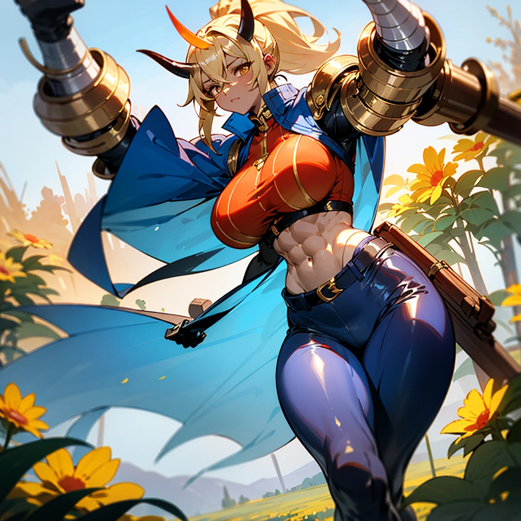 1girl, detailed ((blonde hair)), (gold eyes), ((big red horns)), {{dark skin}}, ({dark skinned female}), gigantic breasts, thick thighs, translucent blue veins on the body, strong abdominal muscles, strong leg muscles, strong arm muscles, ponytail hairstyle, wearing a blue coat with rolled up sleeves, steel belly heavy armor, leather pants, leather steel gloves, wide a leather belt with gold yarn walks through a flower meadow against the backdrop of distant high mountains,
