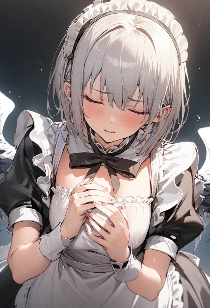 1 Girl,Maid clothes,Gray Hair,short hair,Beautiful Hands,Highest quality,masterpiece,Beautiful composition、Severe、Eyes closed。