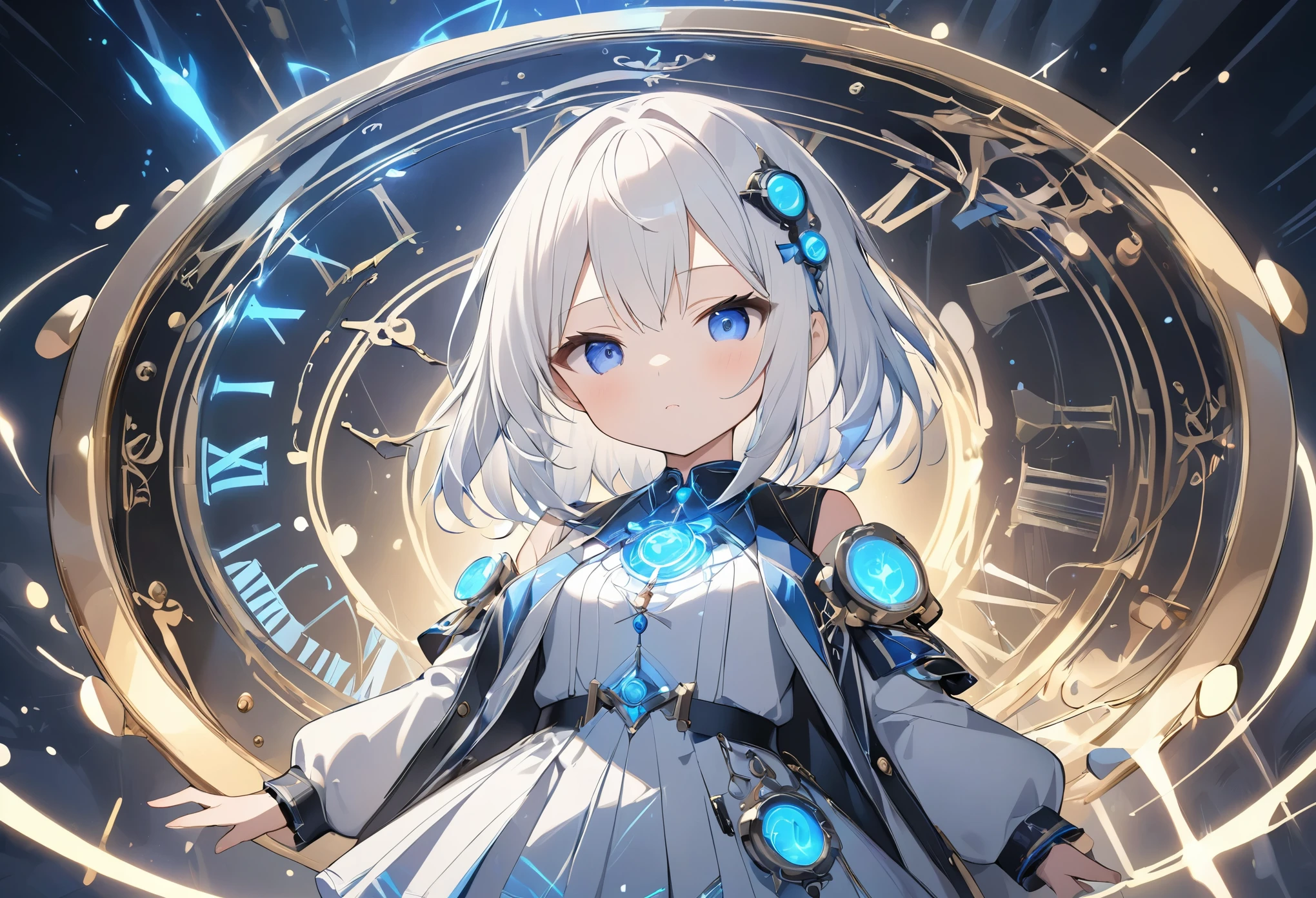 (anime style:1.4),Soft pictorial touches、超High resolution, Attention to detail, high quality, High resolution, 最high quality, 4K, 8K,Blue glowing clock background、White Hair Girl、cute,Beautiful light effect surrounding the body,DonMDj1nnM4g1cXL