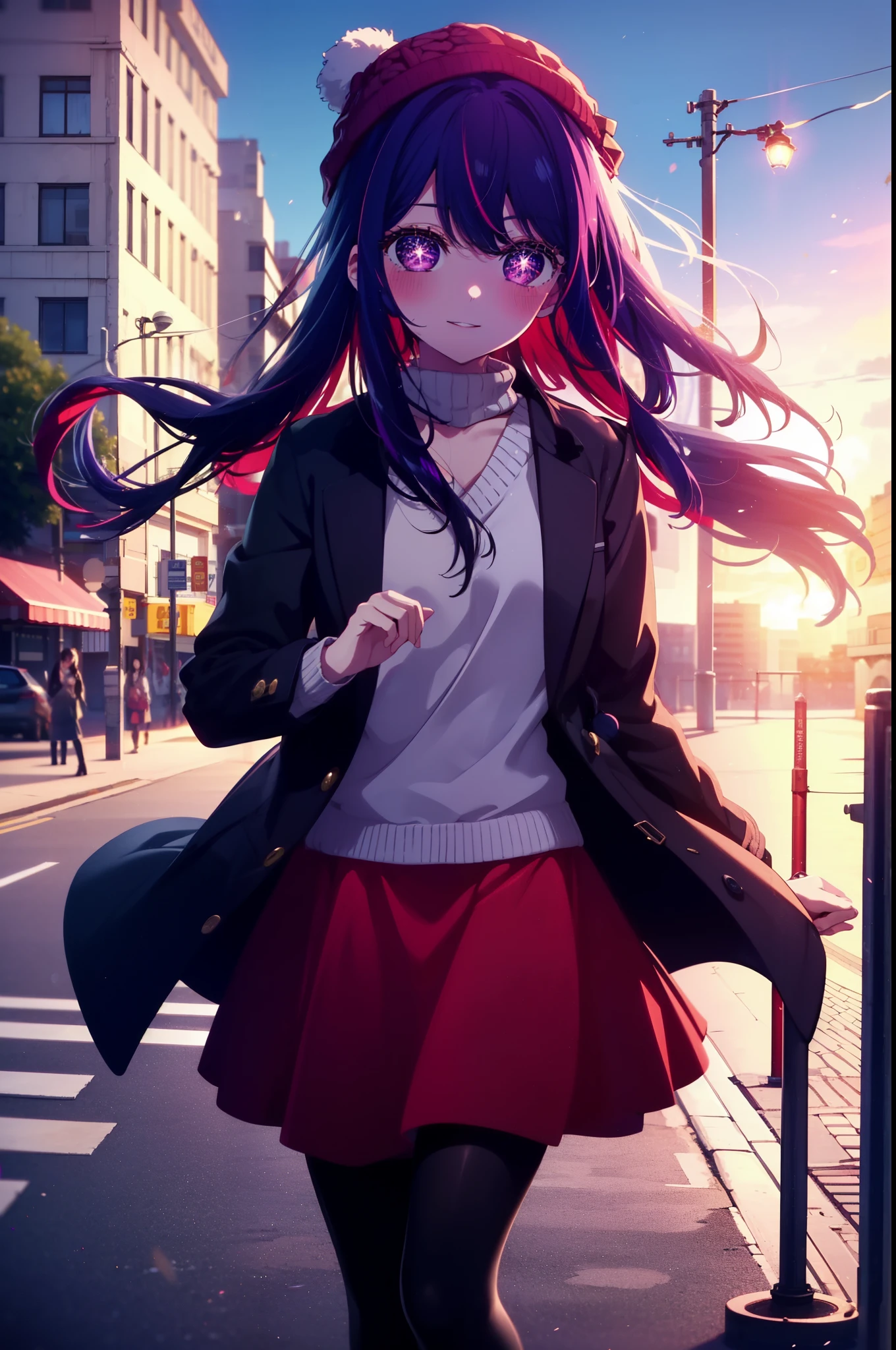 aihoshino, Ai Hoshino, Long Hair, bangs, (Purple eyes:1.1), Purple Hair, (Symbol-shaped pupil:1.5), smile,smile,blush,Open your mouth,Knitted hat,Black-rimmed glasses,Purple long coat,V-neck sweater,Long skirt,Black pantyhose,short boots,Red muffler,It's snowing,Snow is falling,Walking,whole bodyがイラストに入るように, evening,sunset,The sun is setting,
break outdoors, Building district,
break looking at viewer, whole body,
break (masterpiece:1.2), Highest quality, High resolution, unity 8k wallpaper, (figure:0.8), (Beautiful attention to detail:1.6), Highly detailed face, Perfect lighting, Highly detailed CG, (Perfect hands, Perfect Anatomy),