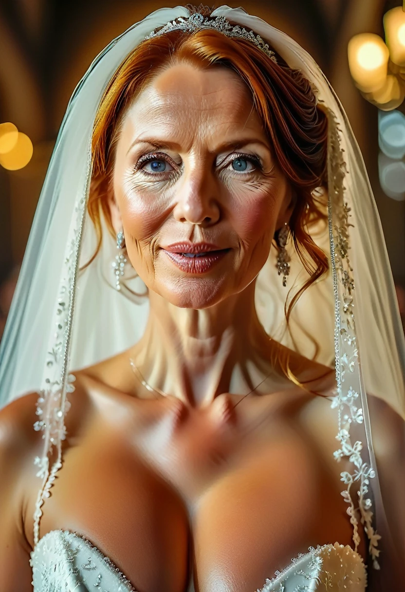 Highest quality, masterpiece, 8K, Realistic, Realistic, Natural light, beautiful Dutch mature lady , 45yo,Beautiful woman staring at camera, Highly detailed face and skin texture, Very fine eye,wedding dress, bridal veil, church , Beautiful redhead hair, (symmetrical hair length), (Straight hair), huge saggy tits , open mouth ,pale skin