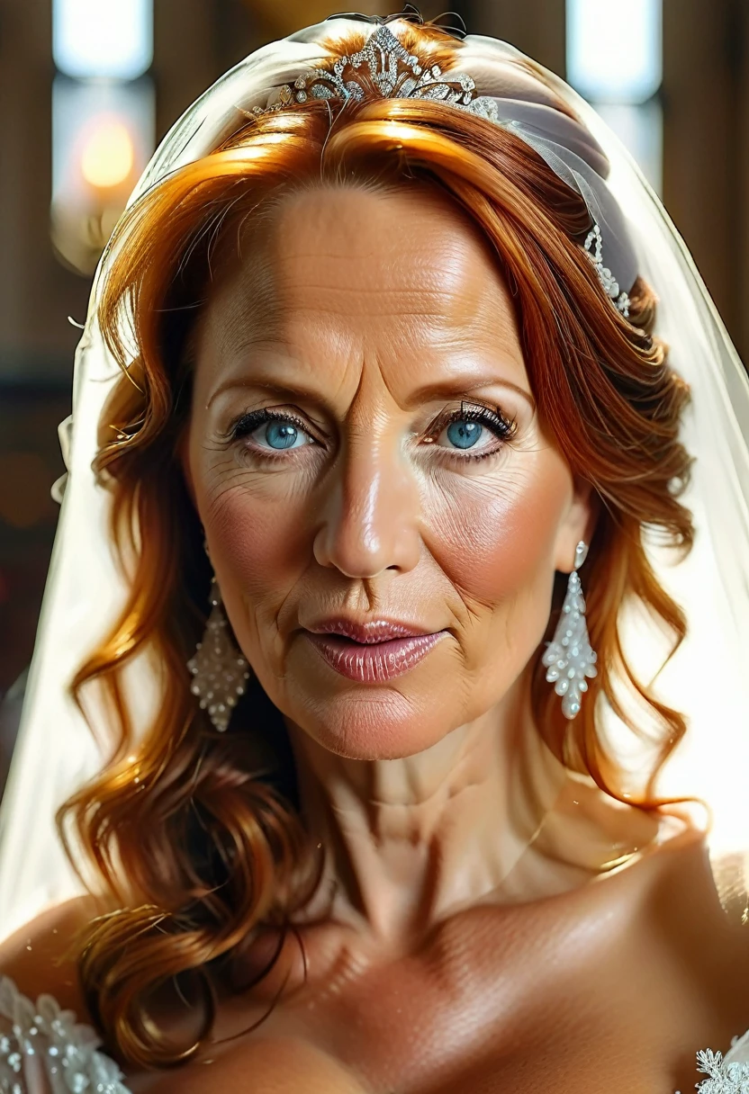 Highest quality, masterpiece, 8K, Realistic, Realistic, Natural light, beautiful Dutch mature lady ,  45yo,Beautiful woman staring at camera, Highly detailed face and skin texture, Very fine eye,wedding dress, bridal veil, church , Beautiful redhead hair, (symmetrical hair length), (Straight hair), huge saggy tits , open mouth ,pale skin