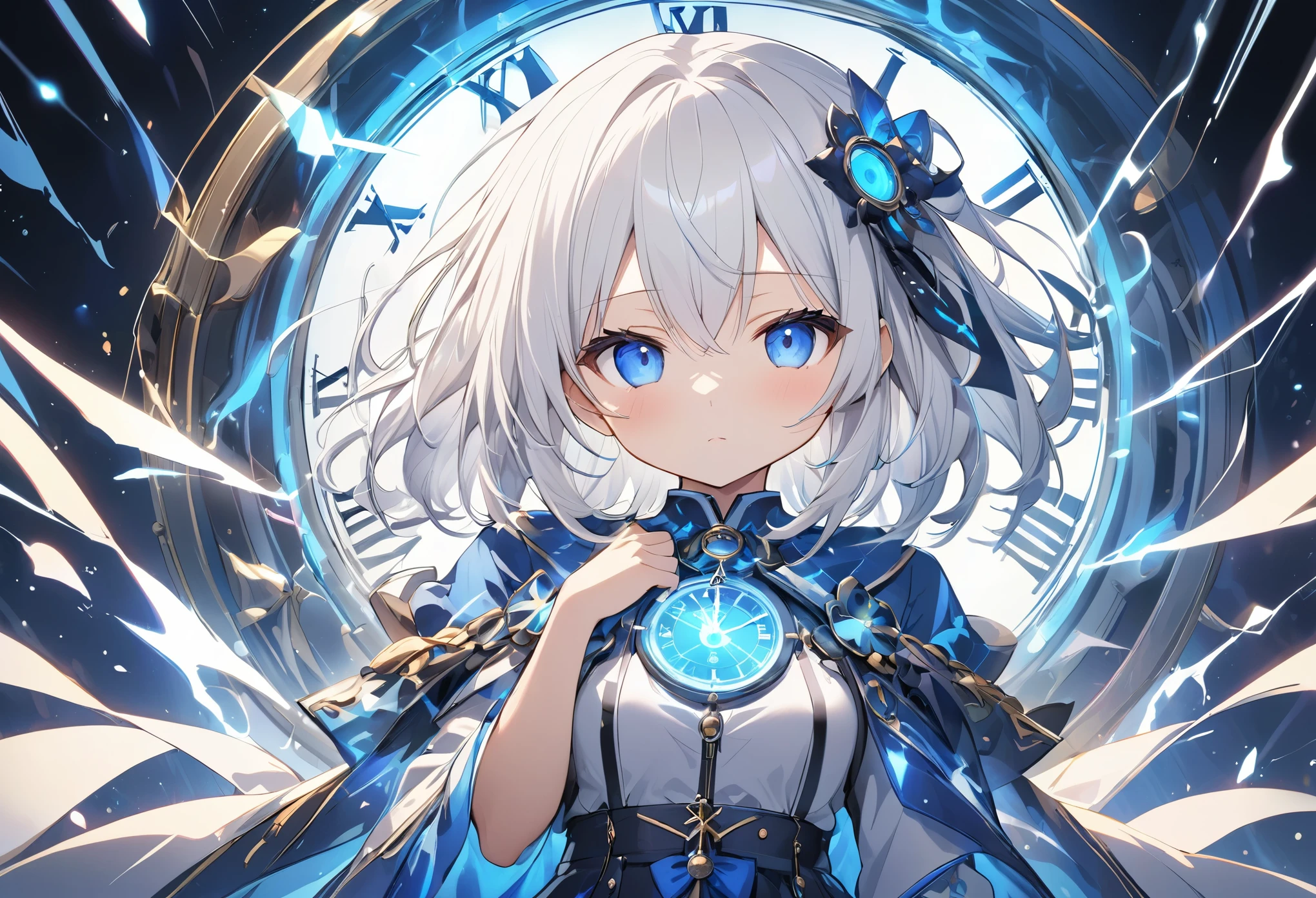 (anime style:1.4),Soft pictorial touches、超High resolution, Attention to detail, high quality, High resolution, 最high quality, 4K, 8K,Blue glowing clock background、White Hair Girl、cute,Beautiful light effect surrounding the body,DonMDj1nnM4g1cXL