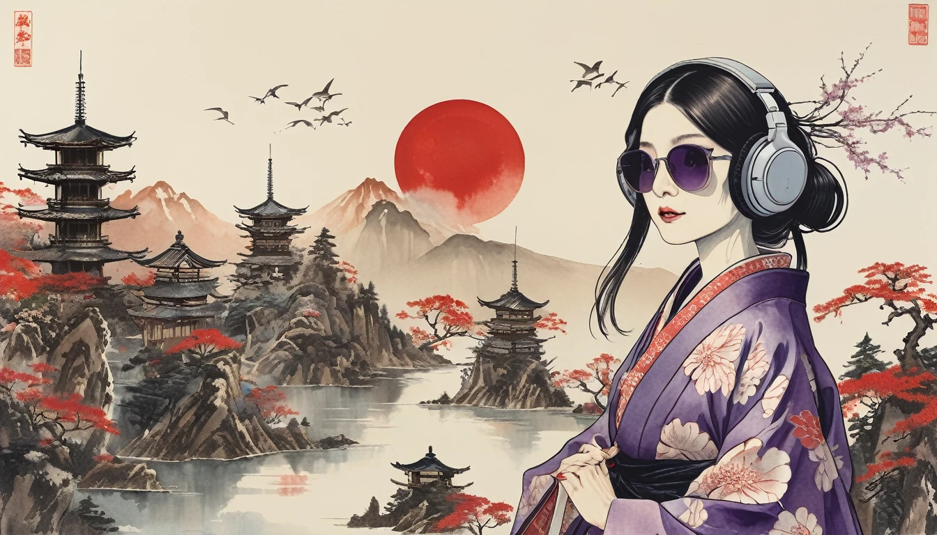 Skeleton of a woman with long hair wearing a kimono, Light purple lens sunglasses, Katsushika Hokusai, Ink Painting, Japanese style headphones, Modern ukiyo-e style, Red Eyes, windmill