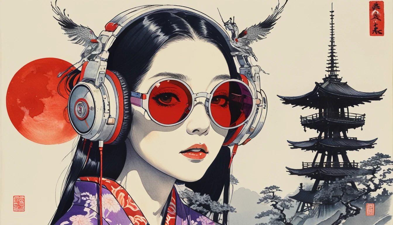 Skeleton of a woman with long hair wearing a kimono, Light purple lens sunglasses, Katsushika Hokusai, Ink Painting, Japanese style headphones, Modern ukiyo-e style, Red Eyes, windmill