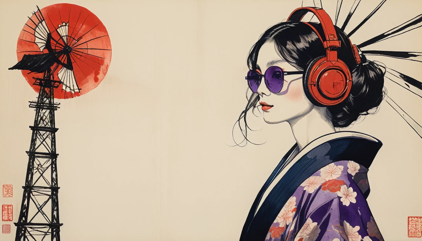 Skeleton of a woman with long hair wearing a kimono, Light purple lens sunglasses, Katsushika Hokusai, Ink Painting, Japanese style headphones, Modern ukiyo-e style, Red Eyes, windmill