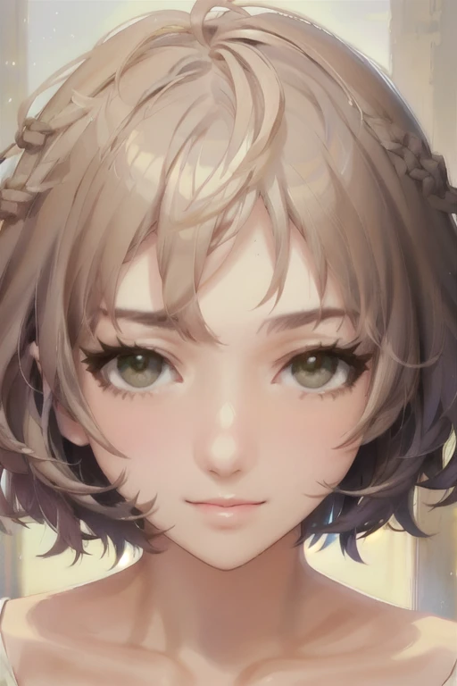 girl,Character design sheet,Beautiful attention to detail,Beautiful lip detail,Highly detailed eyes and face,Long eyelashes, Like an oil painting, art, Super detailed,Professional,Vibrant colors,Full body painting,sunlight, Sharp focus,Physically Based Rendering,High resolution,超High resolution. yellow eyes, Bob Cut Hair,Curly hair,Light brown hair, Smile, field,Wind