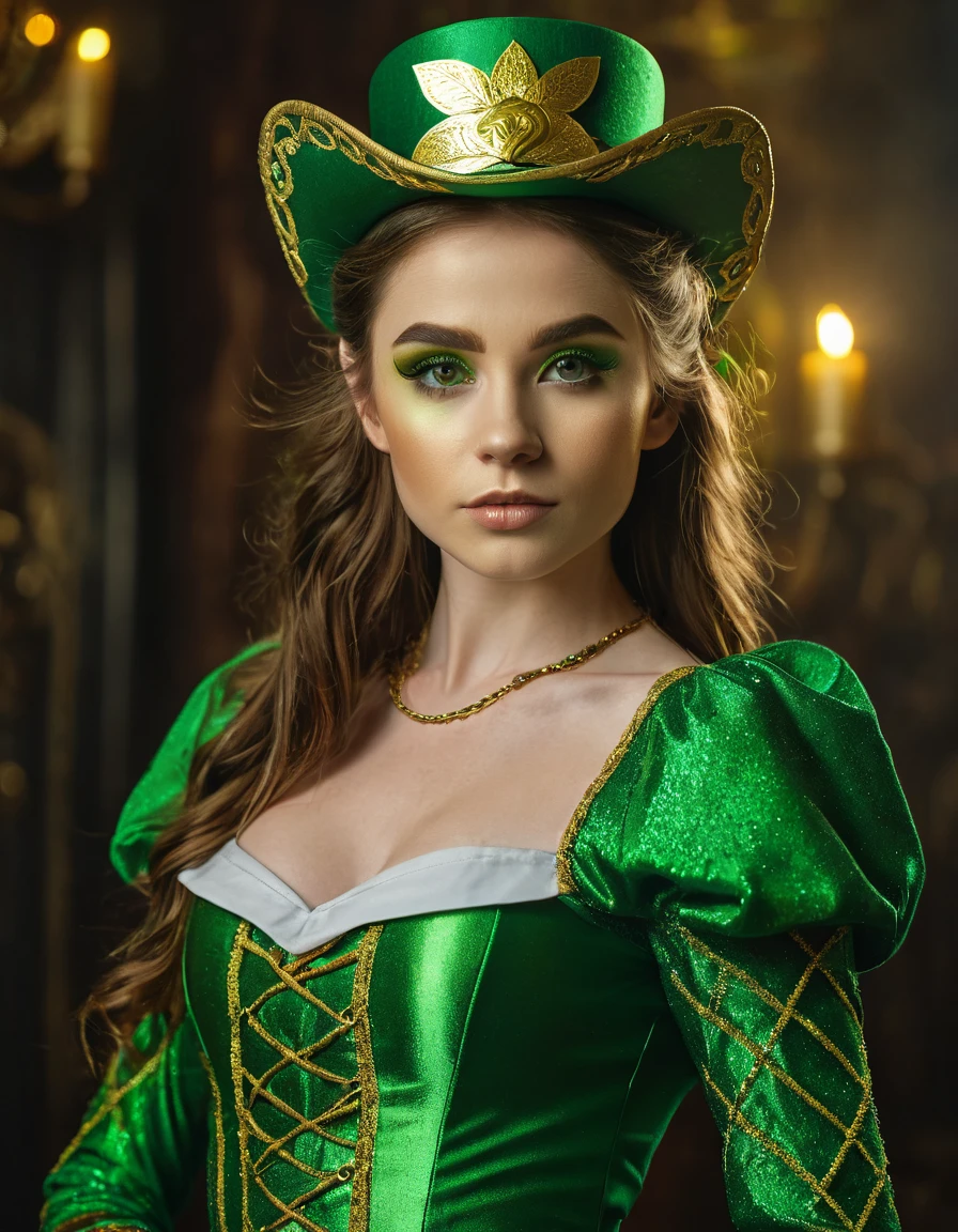 Cinematic still image of a beautiful 19 year old female leprechaun wearing a green outfit with gold accents, captured in an aesthetic pose showing off her perfect anatomy and slender physique, with a detailed and pretty face with makeup, lovely eyes and fine features, on a detailed Irish background with backdrop, created using professional shooting techniques, high quality, 16k resolution, cinematic lighting, centred image, depth of field.
