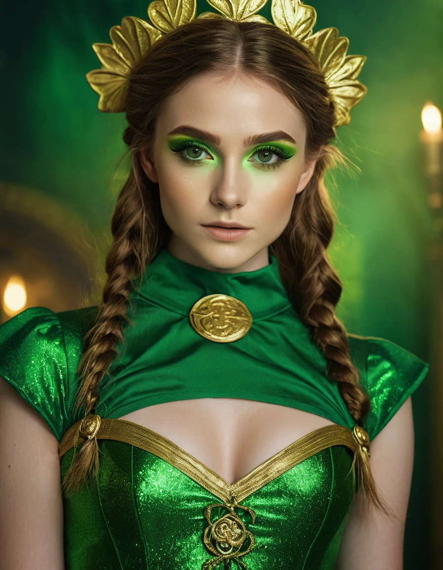 Cinematic still image of a beautiful 19 year old female leprechaun wearing a green outfit with gold accents, captured in an aesthetic pose showing off her perfect ??????? and slender physique, with a detailed and pretty face with makeup, lovely eyes and fine features, on a detailed Irish background with backdrop, created using professional shooting techniques, high quality, 16k resolution, cinematic lighting, centred image, depth of field.