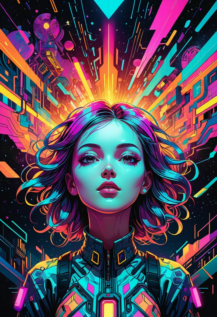 psychedelic art style, low angle view of a girl with her head OPEN, vivid cyberpunk color themed illustration on a dark background, digital art ,detailed line work, kaleidoscopic patterns,symmetrical composition, dreamlike atmosphere