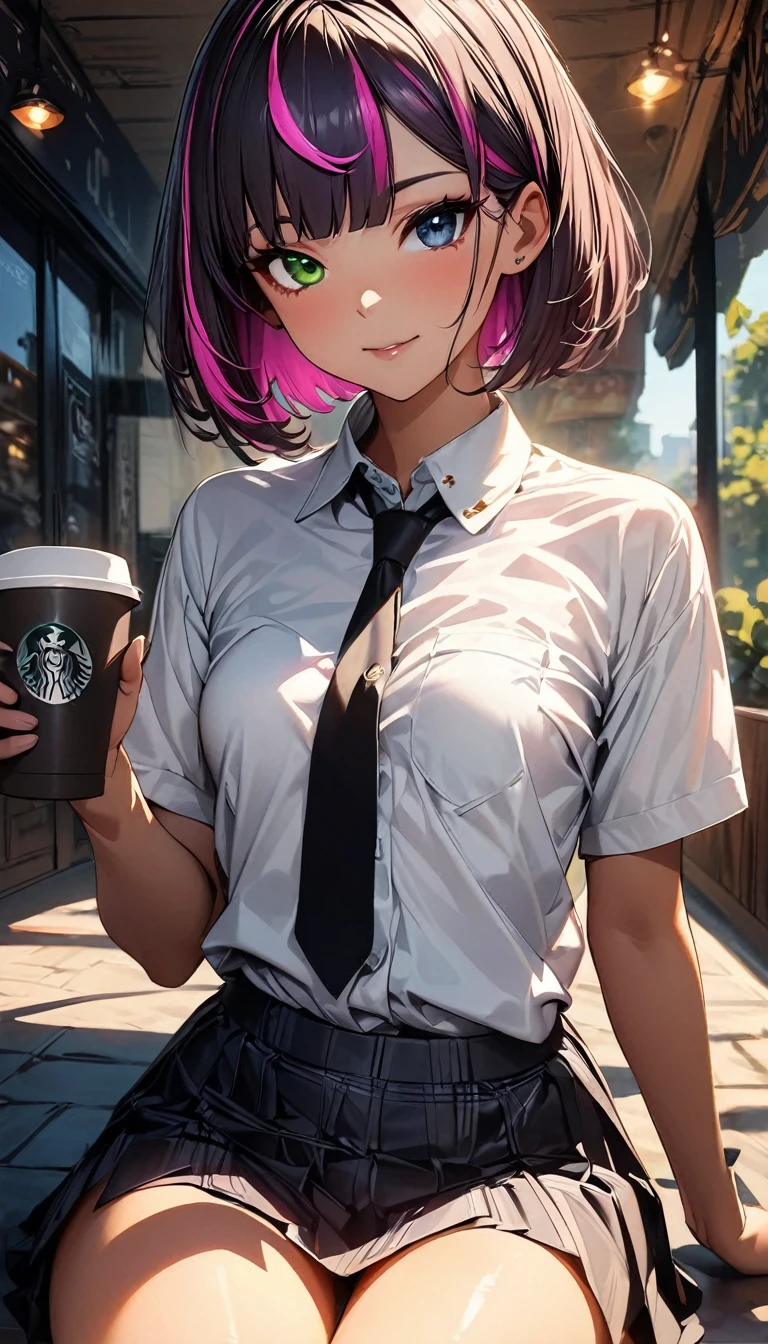 (highest quality:1.2, Very detailed, up to date, Vibrant, Ultra-high resolution, High Contrast, masterpiece:1.2, highest quality, Best aesthetics), Portraiture、girl、20-years-old, slim, , heterrochromia, green eye, red eye, stage、performance、Bright colors、Beautiful fine details、Beautiful lip detail、extra short hair, ((bob cut:1.5))、pink and purple ((streaked hair:1.9)), (highlights hair: 1.6), ((small breast:1.3), (tan skin:0.7), sitting in cafe、holding coffee, white button-up shirt、Resolute expression、Avid Fan、Rock star aura、An exciting atmosphere、cowboy shot