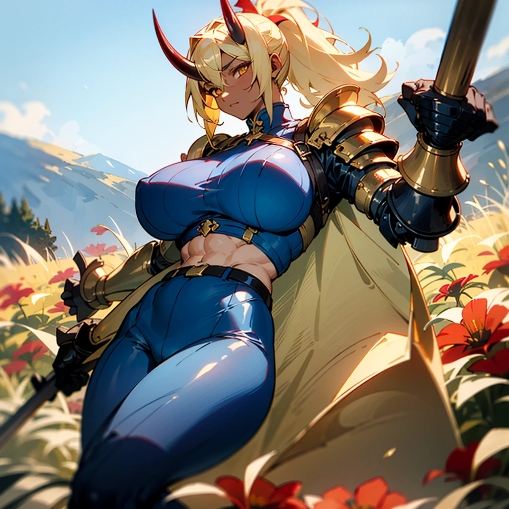 1girl, detailed ((blonde hair)), (gold eyes), ((big red horns)), {{dark skin}}, ({dark skinned female}), gigantic breasts, thick thighs, translucent blue veins on the body, strong abdominal muscles, strong leg muscles, strong arm muscles, ponytail hairstyle, wearing a blue coat with rolled up sleeves, steel belly heavy armor, leather pants, leather steel gloves, wide a leather belt with gold yarn walks through a flower meadow against the backdrop of distant high mountains,