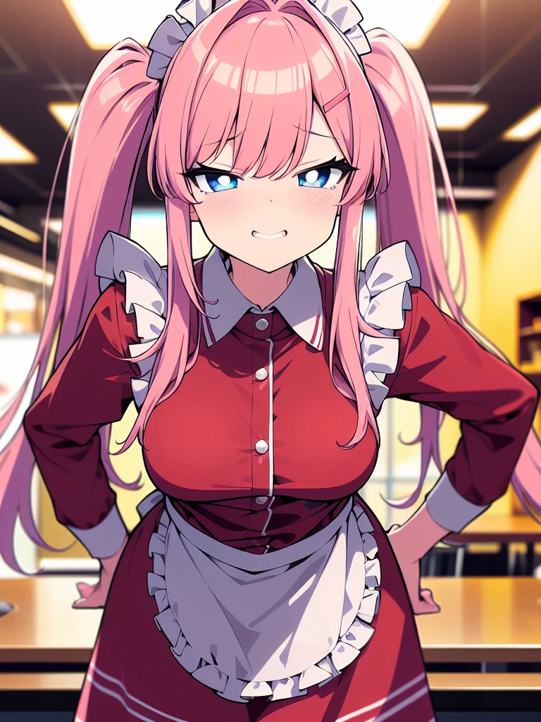 (Cowboy shot), colorful, (best quality, ultra-high resolution, depth of field:1.2), 1woman, (pink hair), twin-tails (blue eyes), bright pupils, (medium breasts), light red maid uniform, (wearing a light red maid uniform:1.3), frills, maid headdress, maid apron, (cafe scenery), squinting, (grinning), seductive smile, (((slightly leaning forwards))), tilting head