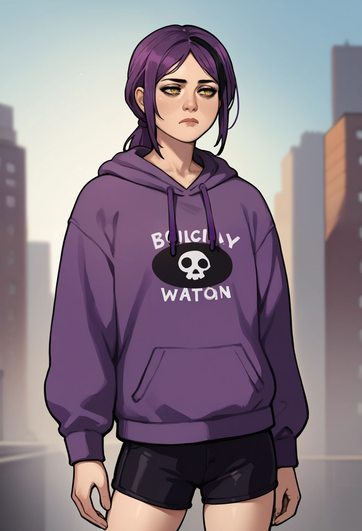 score_9, score_8_up, score_7_up, score_6_up, score_5_up, score_4_up, BREAK source_anime,rating_risky, a girl, thin, pale skin, skinny, tired expression, low ponytail, purple hair, yellow eyes, eye bags, tired expression, purple hoodie,, black shorts, tight clothing, bold comic style, city background, purple clothes with black highlights
