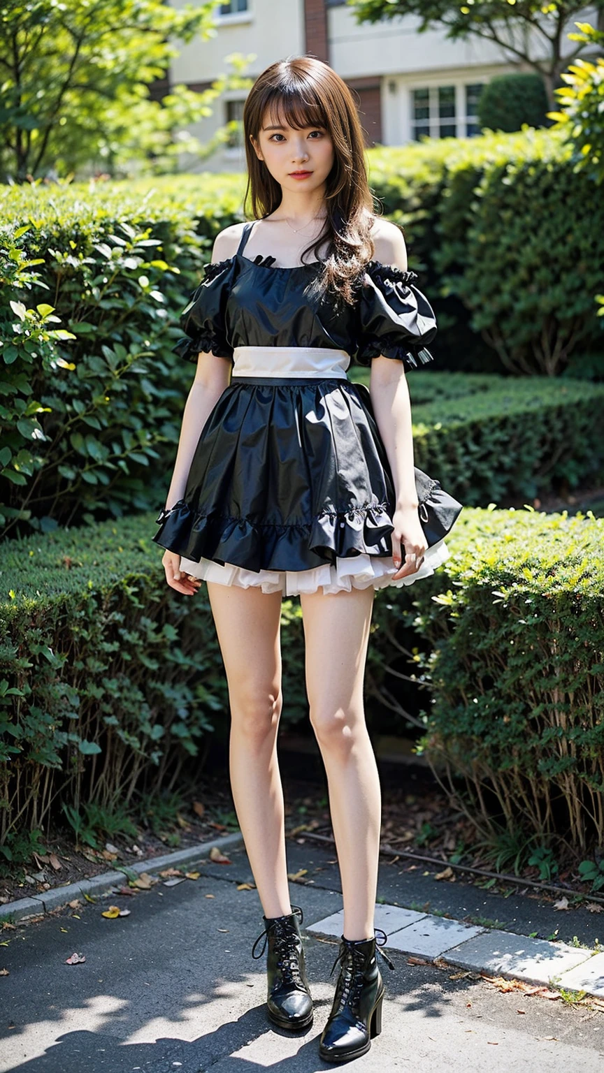(8K、RAW Photos、Highest quality、masterpiece:1.2)、(Highest quality、Realistic)、1 Girl、((Frills、See-through、Off the shoulder、tights、pink and black mini skirt、Thin legs、whole body、boots、garden、View from the front、Looking into the camera、Ribbon Idol Costume、、Stand with hands on hips))、cute