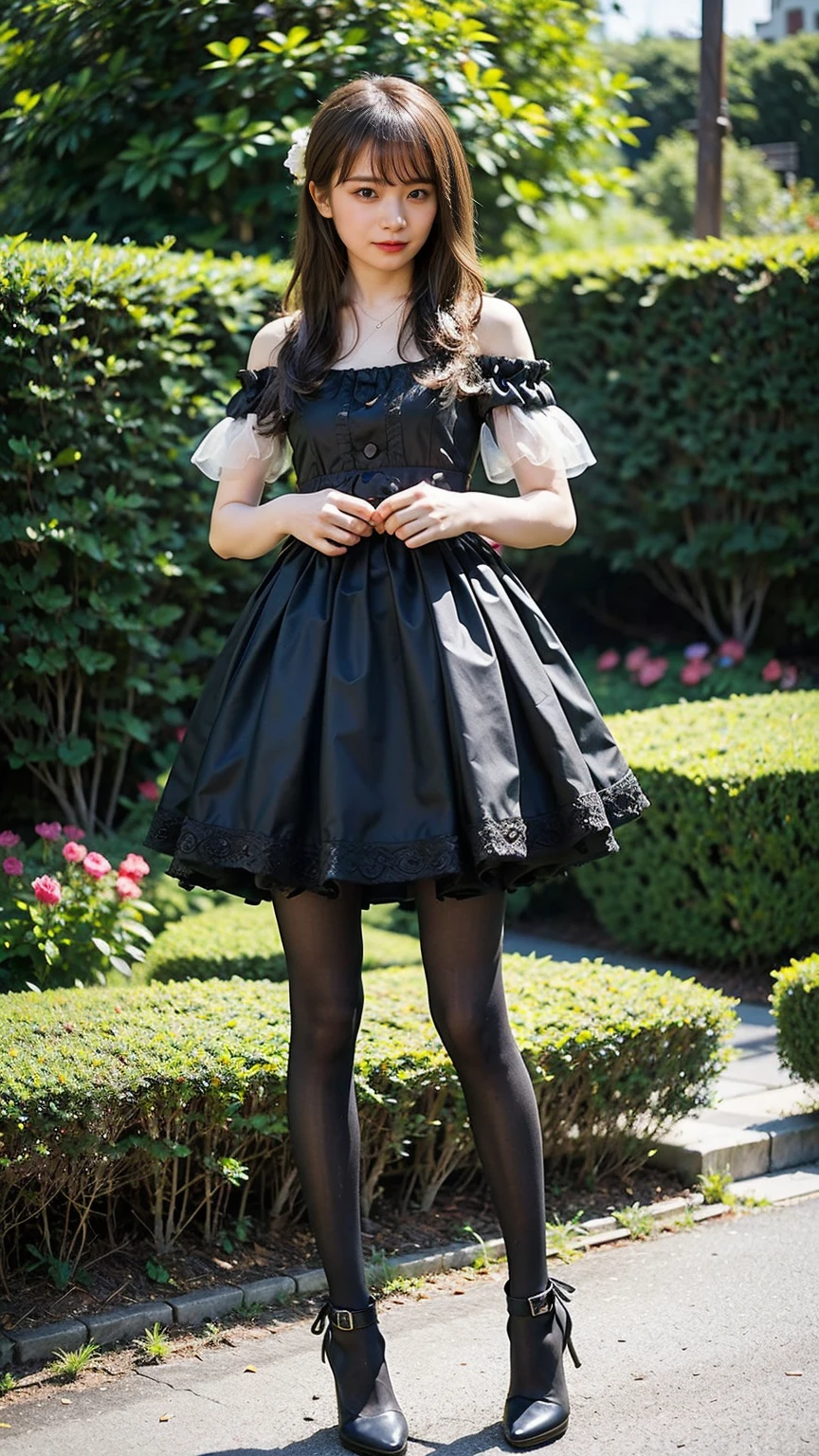 (8K、RAW Photos、Highest quality、masterpiece:1.2)、(Highest quality、Realistic)、1 Girl、((Frills、See-through、Off the shoulder、tights、pink and black mini skirt、Thin legs、whole body、boots、garden、View from the front、Looking into the camera、Ribbon Idol Costume、、Stand with hands on hips))、cute
