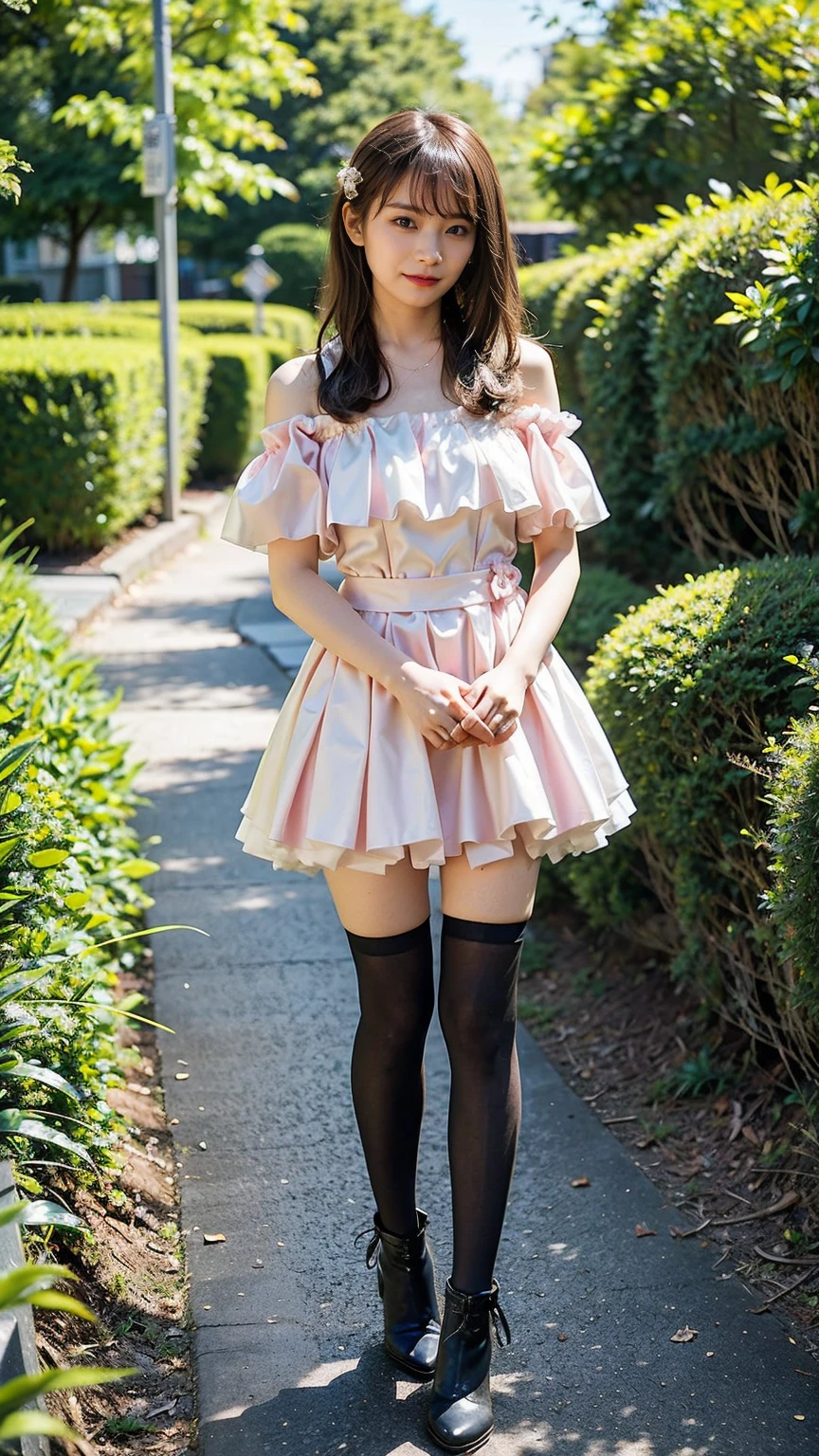 (8K、RAW Photos、Highest quality、masterpiece:1.2)、(Highest quality、Realistic)、1 Girl、((Frills、See-through、Off the shoulder、tights、pink and black mini skirt、Thin legs、whole body、boots、garden、View from the front、Looking into the camera、Ribbon Idol Costume、、Stand with hands on hips))、cute