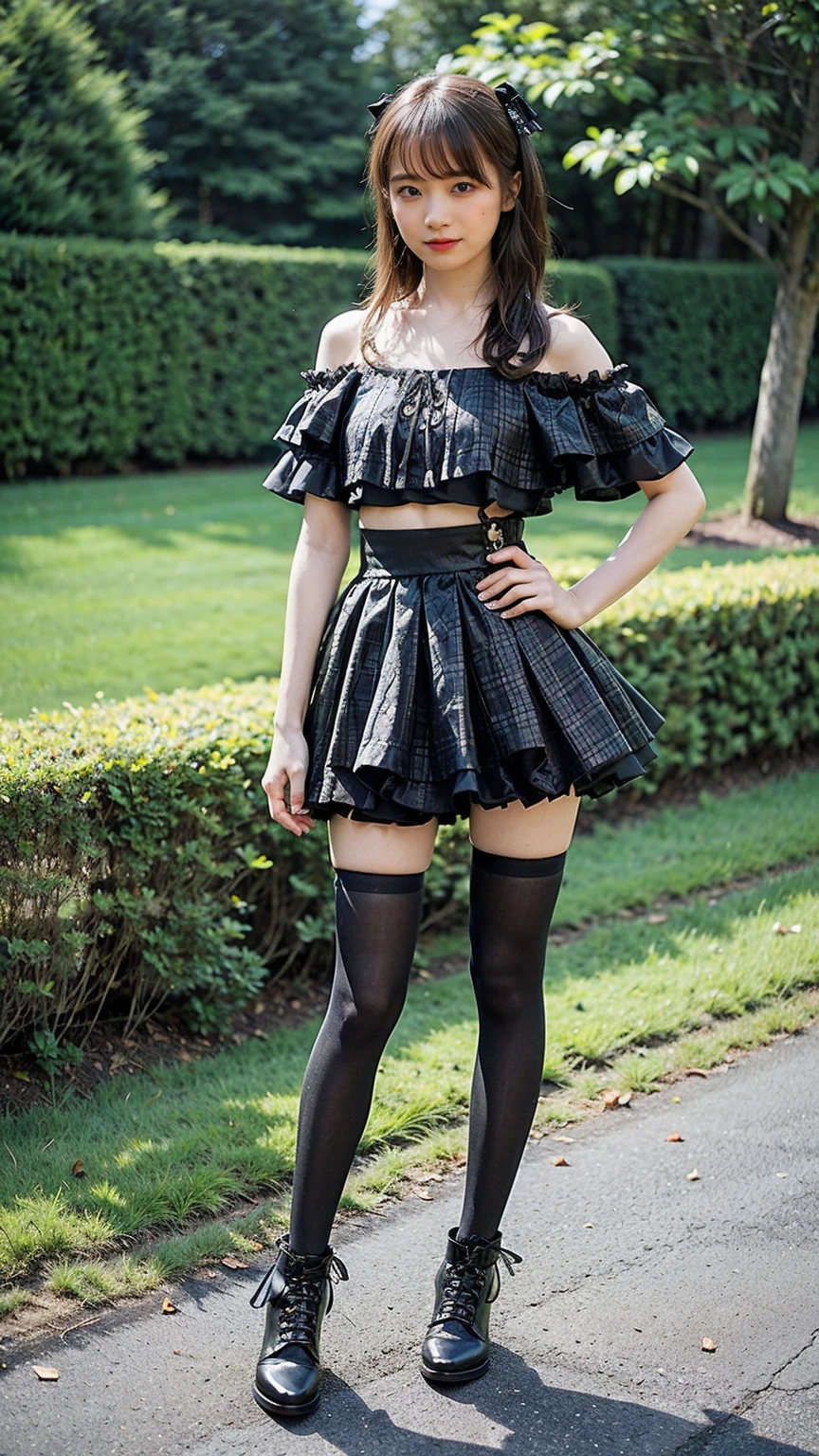 (8K、RAW Photos、Highest quality、masterpiece:1.2)、(Highest quality、Realistic)、1 Girl、((Frills、See-through、Off the shoulder、tights、pink and black mini skirt、Thin legs、whole body、boots、garden、View from the front、Looking into the camera、Ribbon Idol Costume、、Stand with hands on hips))、cute