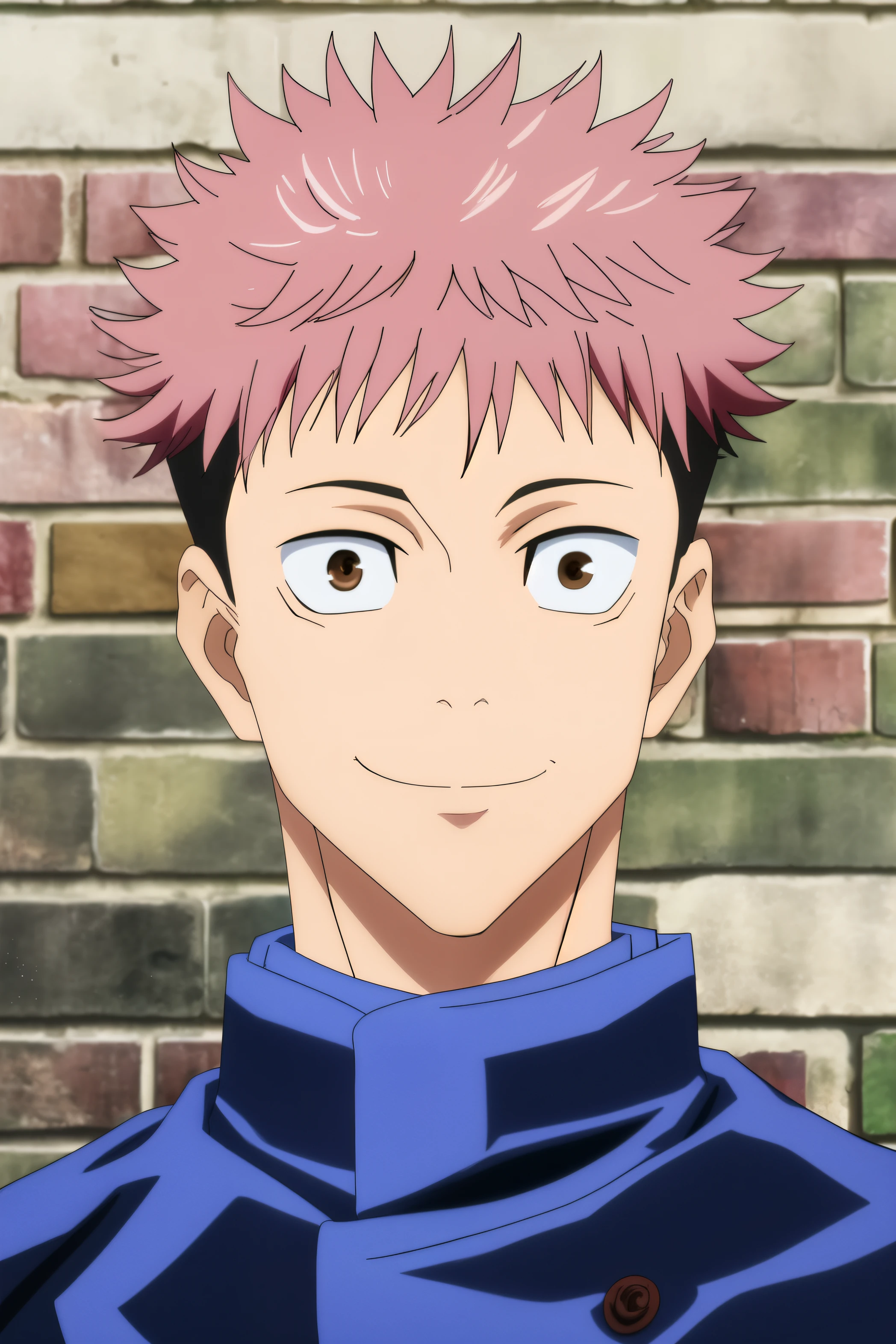 masterpiece, best quality, 1boy, itadori_yuuji, jujutsu kaisen, portrait, upper body, looking at viewer, against wall, brick wall, pink hair, undercut, brown eyes, closed mouth, light smile, (black gakuran),