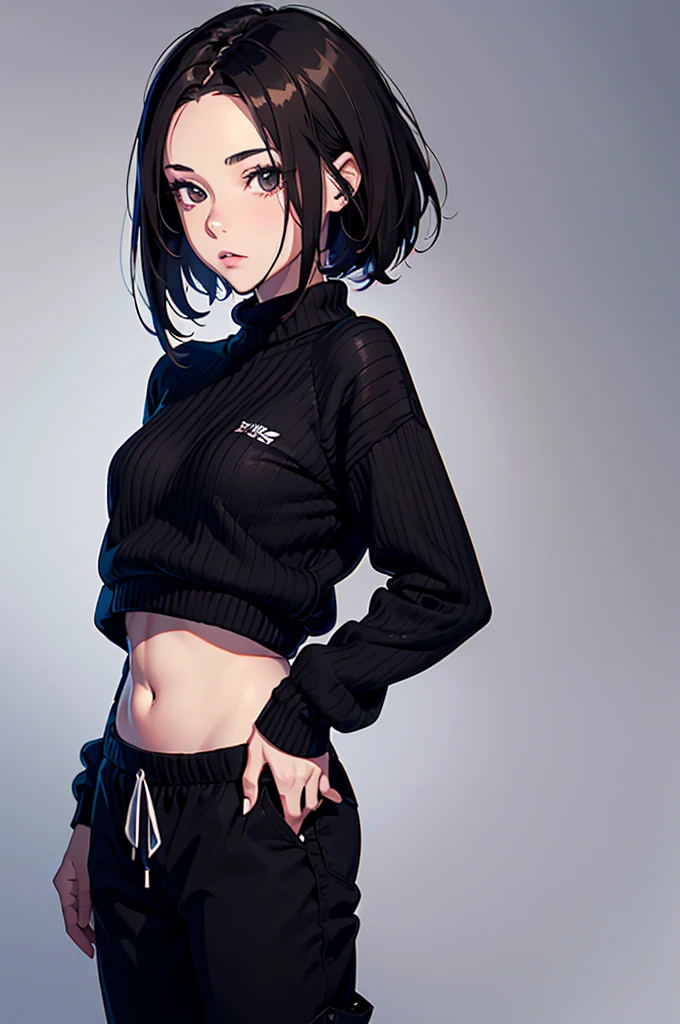 8k, original, 1girl, (solo,single person), hd, absurdres, anime style, 2d, celshade style, digital art, ((solid color background)), (short bob hair, straight hair, forehead, brunette hair), wearing ((black loose baggy sweater, long sleeves, midriff, black long pants))