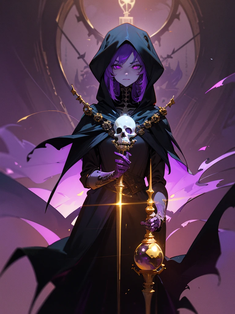 A skeletal character in a black cloak with golden details, holding an hourglass, piercing purple eye, intricate details, dark fantasy, cinematic purple lighting, chiaroscuro, moody atmosphere, dramatic, highly detailed, purple lighting, artwork, 8k
