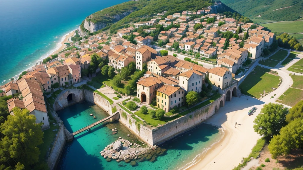 Beautiful scenery of ancient Italian village. Aerial view. Photorealistic photos, High definition. 8K