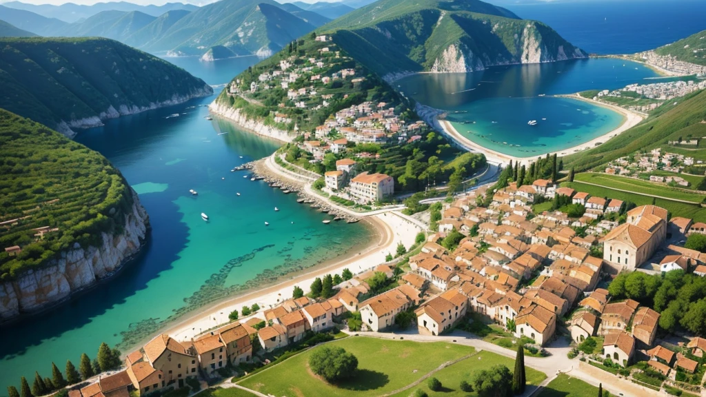 Beautiful scenery of ancient Italian village. Aerial view. Photorealistic photos, High definition. 8K