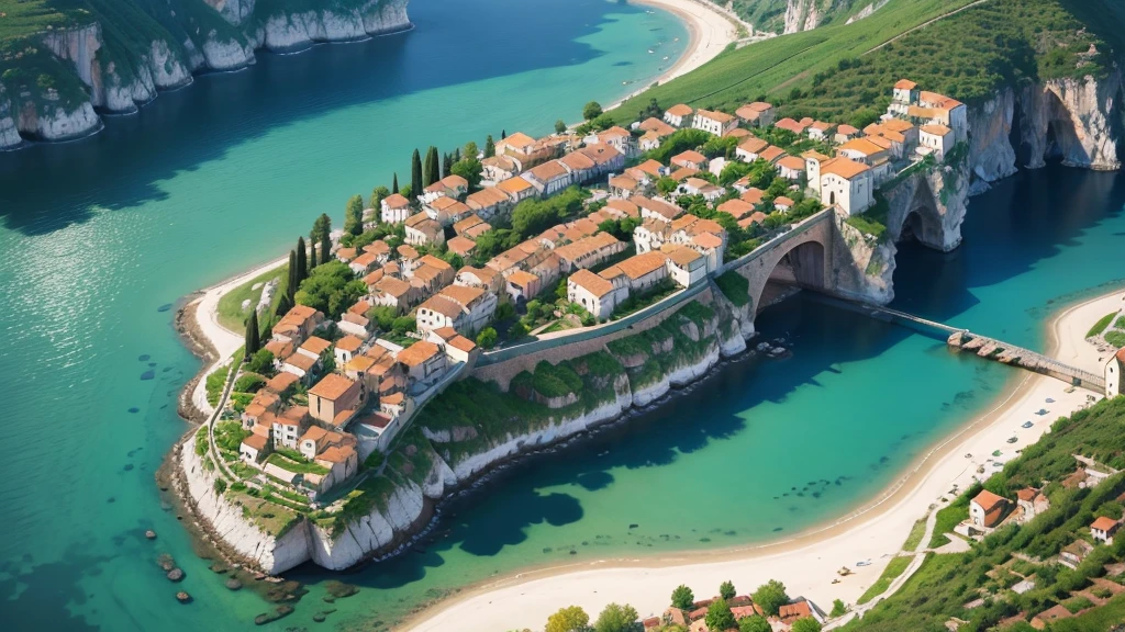 Beautiful scenery of ancient Italian village. Aerial view. Photorealistic photos, High definition. 8K