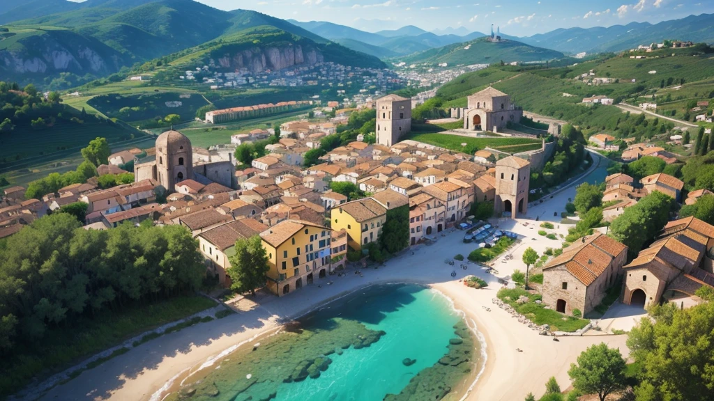 Beautiful scenery of ancient Italian village. Aerial view. Photorealistic photos, High definition. 8K