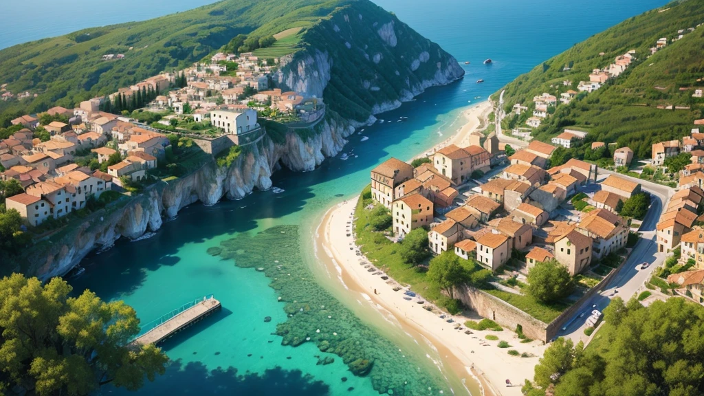 Beautiful scenery of ancient Italian village. Aerial view. Photorealistic photos, High definition. 8K