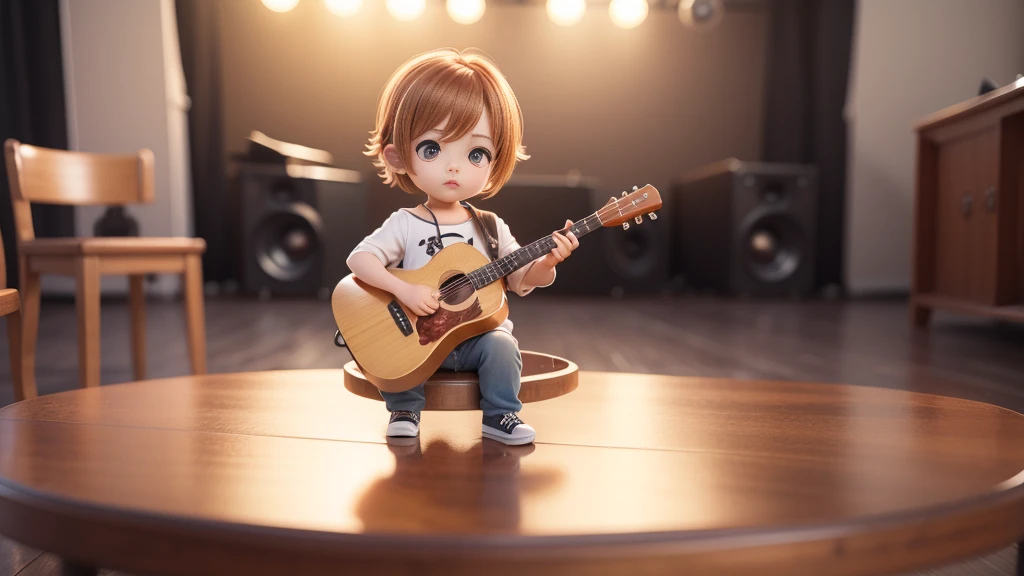 a chibi cute boy is singing, solid background