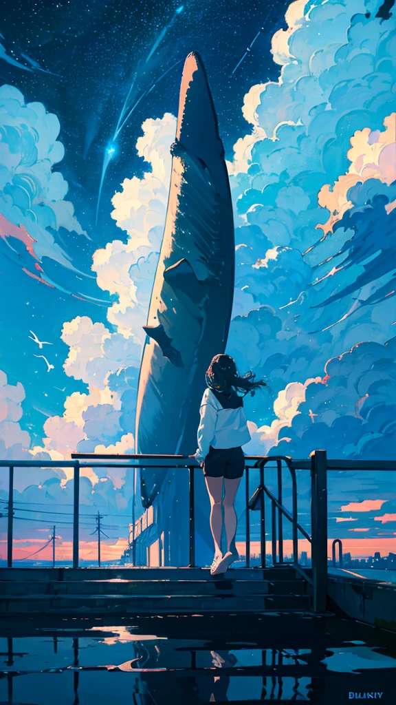 masterpiece, Exquisite detail,Highest quality, One girl, alone, handrail, cloud, Looking up at the buildings,Long Hair, zero, Long sleeve, Power lines, White footwear, Black Hair, View your viewers, Electric pole, bangs, cloudy zero, fish, bird, Green Eyes, Shorts, Day, Black Shirt, barefoot,Whale flying in the sky,Giant whale,night,Star,milky way,night,Pitch black,Buildings,Sitting, High quality anime art style,Standing painting,Splash ink background,Blue Themes,Clear Face,Distinct facial features