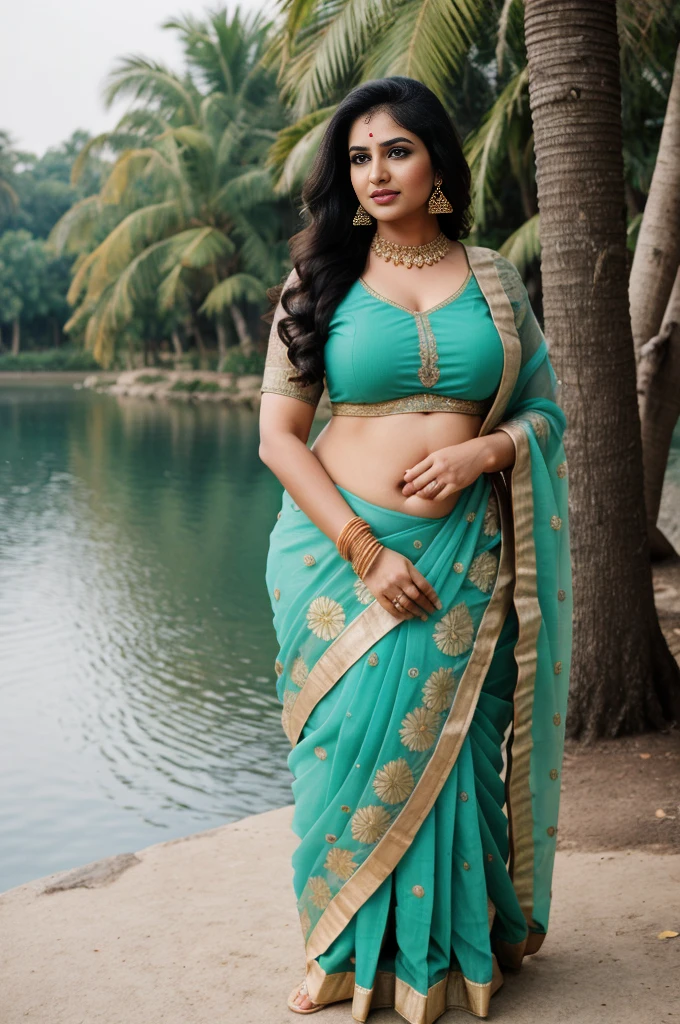 Indian cute 30 years old marriage women life like, high - resolution women with a perfect figure Super fine face and eyes, slong hair, small Tank top Colour bikini, Wearing a traditional saree, bulky figure, huge big extra large and full chubby body, looking front, fair complexion, pond backgrounds. Hung breast, Plus size model, 4k, 8k,