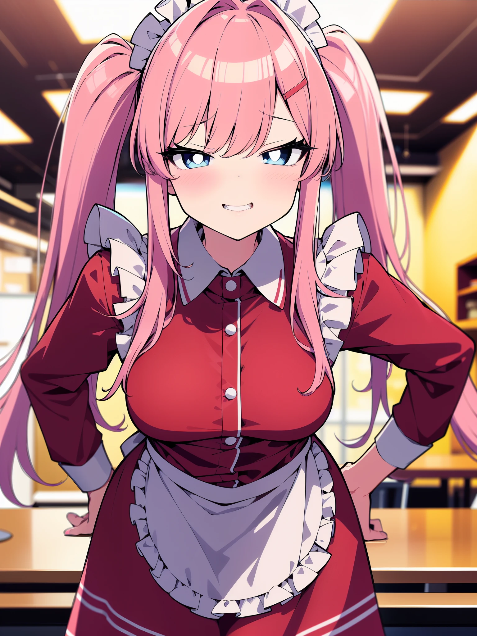 (Cowboy shot), colorful, (best quality, ultra-high resolution, depth of field:1.2), 1woman, (pink hair), twin-tails (blue eyes), bright pupils, (medium breasts), light red maid uniform, (wearing a light red maid uniform:1.3), frills, maid headdress, maid apron, (cafe scenery), squinting, (grinning), seductive smile, (((slightly leaning forwards))), tilting head