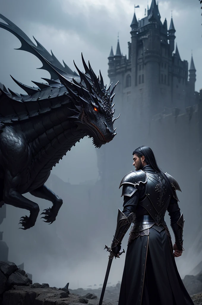 Cavaleiro Stately e armado com uma espada, very detailed and black armor, Stately, strong and with 2,30 tall, walking, giving the feeling of terror to your enemies. Behind him, a dragon curled up in a castle. Dark and gloomy day, passing the feeling of fear.