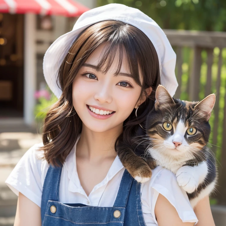 ((Highest quality)), ((masterpiece)), (detailed), One person(Highest quality, 8K, 32k, masterpiece, Ultra-high resolution:1.2),Beautiful Japanese Women Photos、Group of 2、healthy、Glowing Skin, Shallow depth of field、Contrasting、Professional Model、looking forward to it、Overbyte、mouth half open、blush:2.5、Random hairstyles for short hair、Black Hair、Face close-up、Portraiture、Teeth are visible、Big Mouth、Droopy eyes、Round face、Multiple moles、Fair skin、Active 24 year old、Brown eyes、Big smile、pet Shop、Holding a cat、Wearing an apron