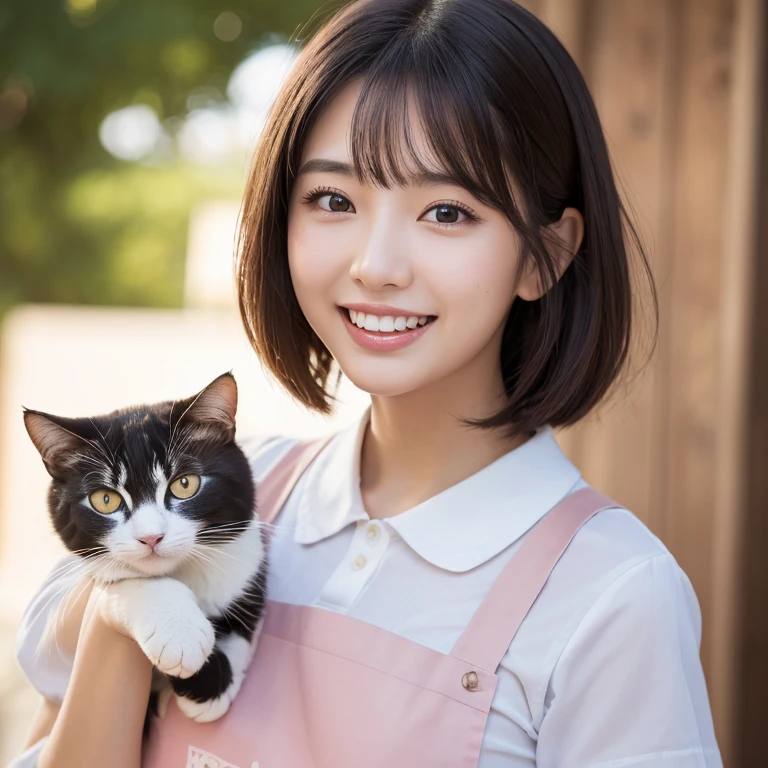 ((Highest quality)), ((masterpiece)), (detailed), One person(Highest quality, 8K, 32k, masterpiece, Ultra-high resolution:1.2),Beautiful Japanese Women Photos、Group of 2、healthy、Glowing Skin, Shallow depth of field、Contrasting、Professional Model、looking forward to it、Overbyte、mouth half open、blush:2.5、Random hairstyles for short hair、Black Hair、Face close-up、Portraiture、Teeth are visible、Big Mouth、Droopy eyes、Round face、Multiple moles、Fair skin、Active 24 year old、Brown eyes、Big smile、pet Shop、Holding a cat、Wearing an apron