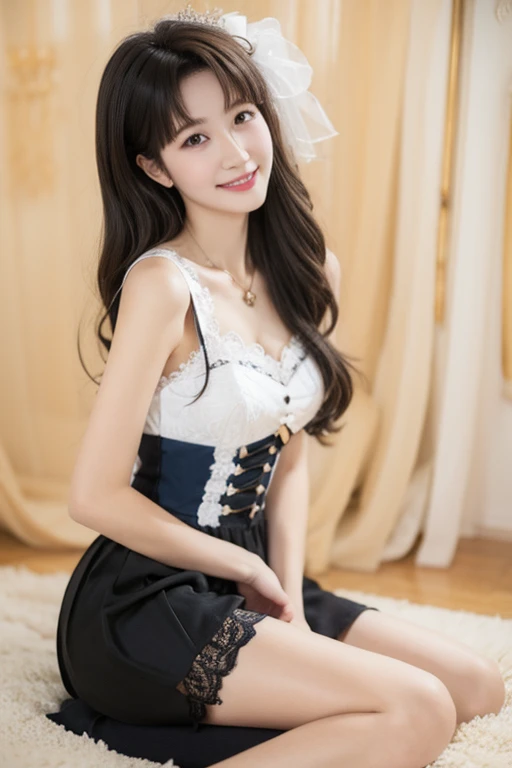 Highest quality、masterpiece、High sensitivity、High resolution、Detailed Description、Slender women、Slim Body、Glasses、Hold your knees with your hands、Sit on the ground、Lace skirt、smile、